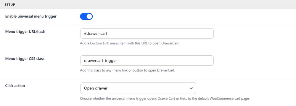 Menu trigger setup