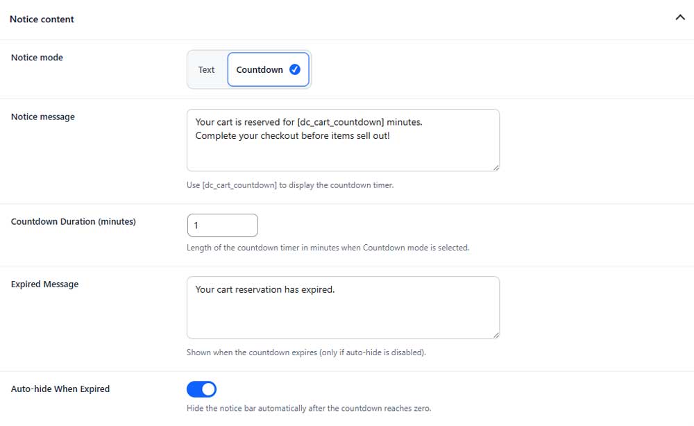 cart notice content