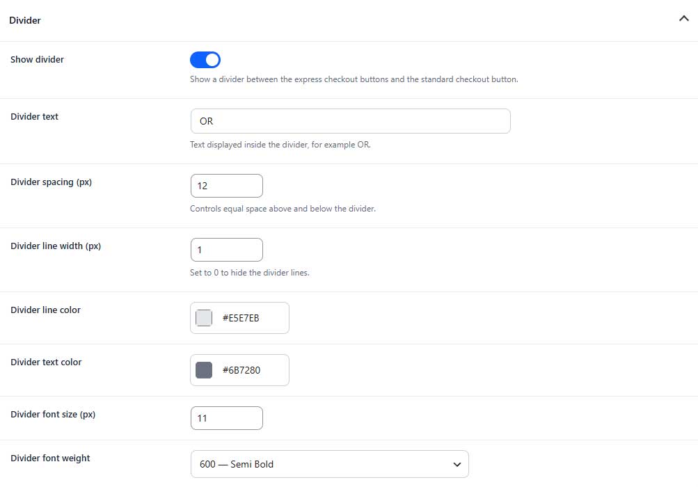 Express checkout divider settings