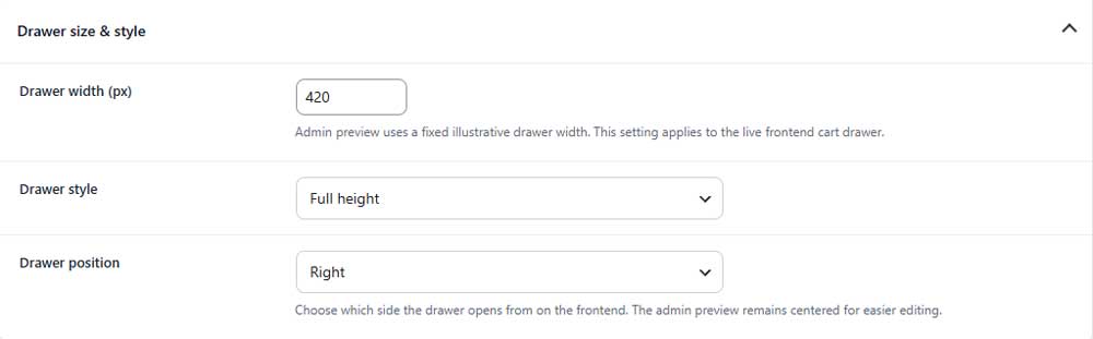 Drawer size and style settings